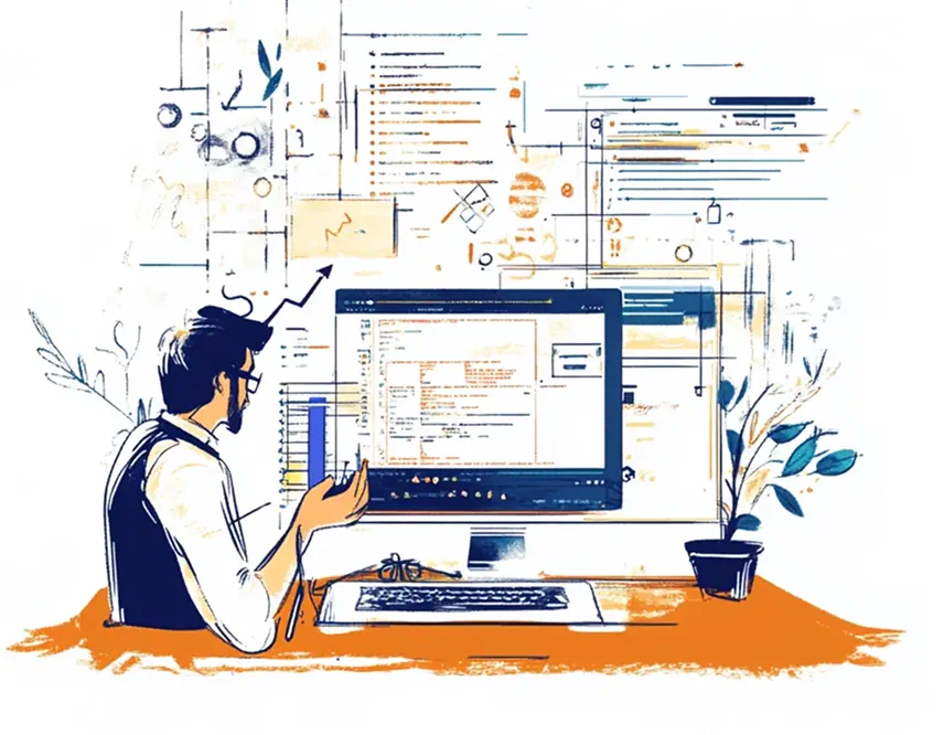 Ilustrácia webovej agentúry: tím dizajnéra, programátora a copywritera pracuje na responzívnom webe vo WordPresse. Na obrazovke sú wireframy, UI komponenty a náhľady mobil/desktop. V pozadí kanban tabuľa so štádiami Analýza – Dizajn – Vývoj – Test – Spustenie; dôraz na UX a rýchlosť.